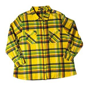 Bright Yellow Plaid Flannel‎ Shirt Women's 22W Soft Cotton Button Front Top
